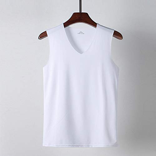 Men's Tank Top Sleeveless V-Neck Slim-Fit Pure Comfy & Soft Breathable Workout Vest (L, White) #TOP3