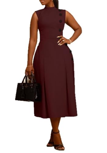 Image of Womens Casual Sleeveless Midi Dress Mock Neck Elegant Classy Summer Party Club Tank Dresses Cocktail Wine