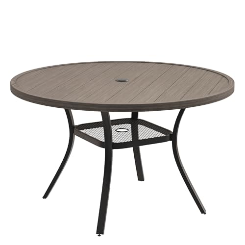 Image of VICLLAX Metal Outdoor Dining Table for 4, All Weather 40.7 inch Black Round Patio Table with Adjustable Umbrella Hole for Lawn, Garden, Balcony and Poolsides, Grey Wood Grain Tabletop