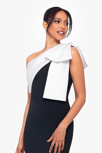 Image of Betsy & Adam Women's Floor Length One Shoulder Fit and Flare Evening Gown with Oversized Satin Bow Detail, Blac /White, 6