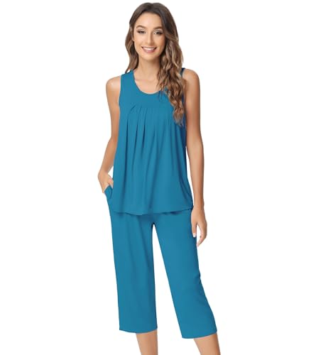 Image of NACHILA Pajamas for Women-Viscose Made from Bamboo, Sleeveless Pjs Tank Top Capri Pants Pajama Sets Cooling Sleepwear