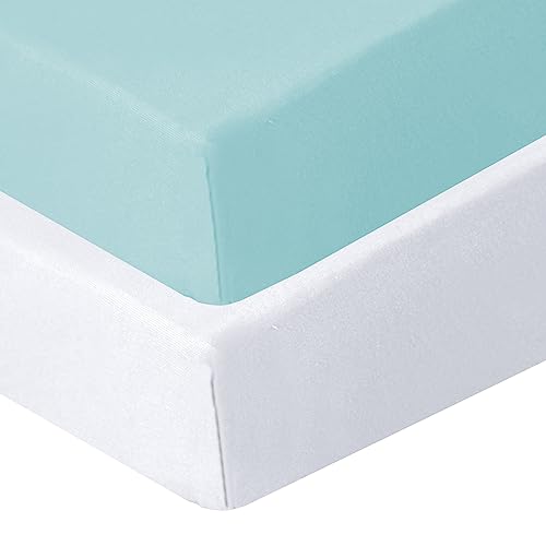 Biloban Crib Sheets Fitted, 2 Pack Crib Sheet Fits for Standard Crib Mattress, Neutral Toddler Bed Sheets for Baby Boys and Girl, White & Aqua, 52”X 28”