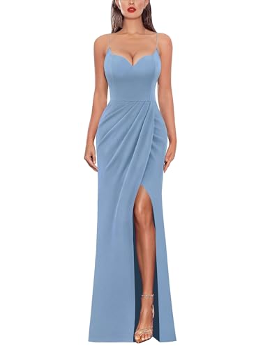 Image of VFSHOW Womens Sexy Formal Ruched Fitted High Slit Bodycon Maxi Dress Spaghetti Strap Sweetheart Cocktail Prom Evening Gown