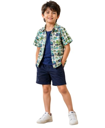 superminis Boys Cotton Co-ord Set| Elegant Half Sleeve Elephant Printed Clothing Set| Shirt, T-Shirt & Shorts Combo for Kids (5-6 Years, Navy Blue)