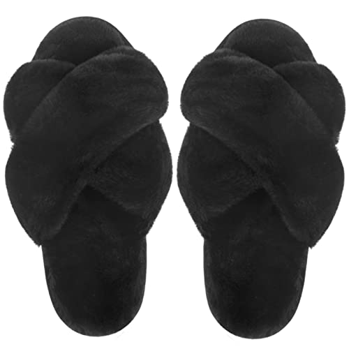 VONMAY Women's Fuzzy Slippers Cross Band Faux Fur Open Toe House Shoes - image 7