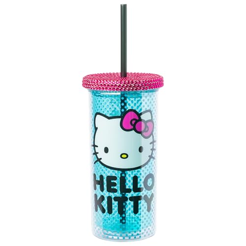 Silver Buffalo Sanrio Hello Kitty Blue Polka Dot Plastic Cold Cup with Rhinestones Lid and Straw, 20 Ounces