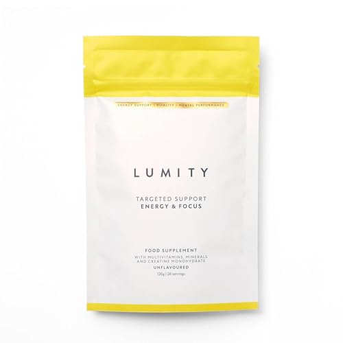 Lumity Energy & Focus Powder Multivitamin with Vitamin B6 & B12 & Lions Mane - Minerals, Biotin & Creatine Monohydrate for Cognitive Function, Enhanced Performance - Caffeine Free (28 Pouch Servings)