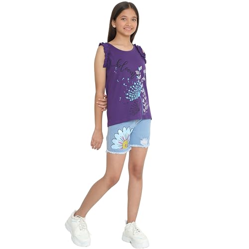 Image of TotzTouch Kids Girls Flowe printed Blue Denim Shorts With Sleeveless Tshirt | Shorts Set | Clothing Set Pack of 1 (3 Years to 15 Years)