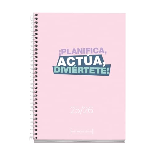 Miquelrius   Agenda 2025 2026, Día Página, 10 meses de Septiembre a Junio, 117 x 174 mm (similar A6), Cartón Forrado, Espiral Metálico Blanco, Español Inglés