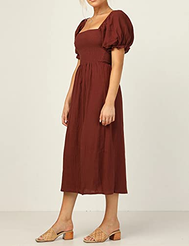 R.Vivimos Summer Dress for Women Cotton Plaid Puff Sleeves Casual Off-Shoulder Boho Side Slit Midi Dress2