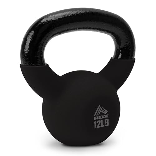 RBX Neoprene Kettlebell Wide Handle Iron Core Flat Bottom Great for All Fitness Levels (Black 12.0 Pounds)
