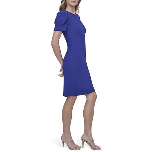 DKNY Women's Short Puff Sleeve Jewel Neck Exposed Zipper Knee Length Dress3