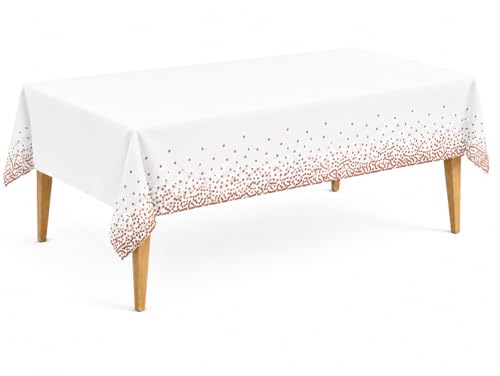 Image of Party Dimensions Rose Gold Confetti Plastic Tablecloths, 12 Pack - 54 x 108 Inch Disposable Rectangle Table Covers for Birthday, Wedding, Baby Shower, Picnic, Indoor & Outdoor Use - White & Rose Gold