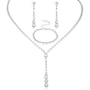 Rhinestone Bridal Jewellery Set Elegant Crystal Teardrop Pendant Necklace Drop Dangle Earrings Bracelet Sparkly Silver Jewellery Set for Brides Bridesmaid Women Girls Prom Costume Accessories