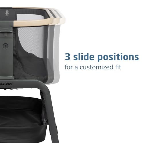 Maxi-Cosi Iora Baby Bassinets Bedside Sleeper, Portable Bassinet, Infant Bedside Sleeper Crib, Height Adjustable, Breathable Mesh, Large Storage Basket, Classic Graphite