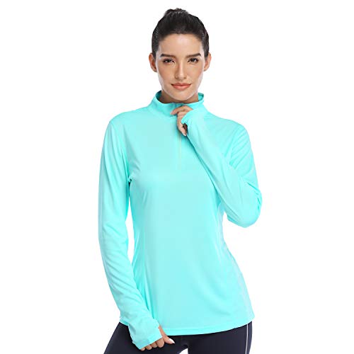 HISKYWIN Womens UPF 50+ Sun Protection Tops Long Sleeve Half-Zip Thumb Hole Outdoor Performance Workout Shirt HF806 Light Green M
