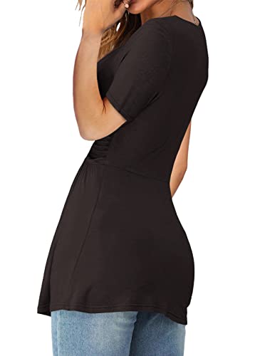 Image of Tankaneo Womens Front Knotted V-Neck Blouse T Shirt Short Sleeve Oversized Tunic Tops Summer Solid Pullover Tees