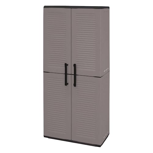 Image of Dmora Clavier Outdoor, Balcony, Multi-Purpose Cabinet with Shelves, 100% Made in Italy, 68 x 37 x 163 cm, Grey and Black, Striped Finish