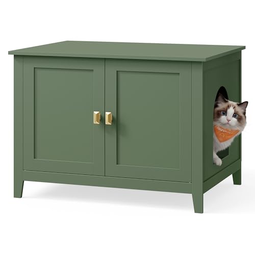 Feandrea Cat Litter Box Enclosure Modern Hidden Cat Litter Box Furniture Double Doors Handles Indoor Pet House Washroom Living Room Side End Table Forest Green UPCL015CH01