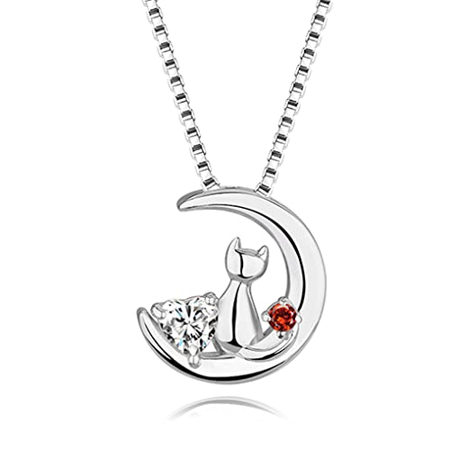 [HAH] ネックレス レディース 誕生石 ネコ 月 願望実現 モチーフ ペンダント プレゼント (1月ガーネット)のサムネイル