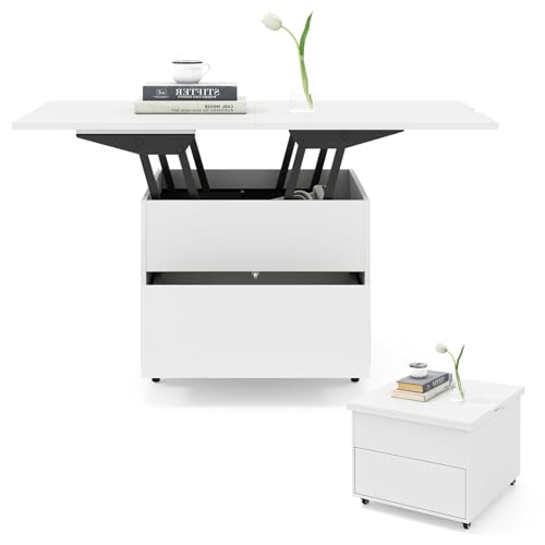 COSTWAY Mesa de Centro Elevable, 3 en 1 Mesa Central Plegable con Almacenamiento Oculto, Cajón y Ruedas Bloqueables 360°, Mueble de Comedor Extensible Moderna para Salón