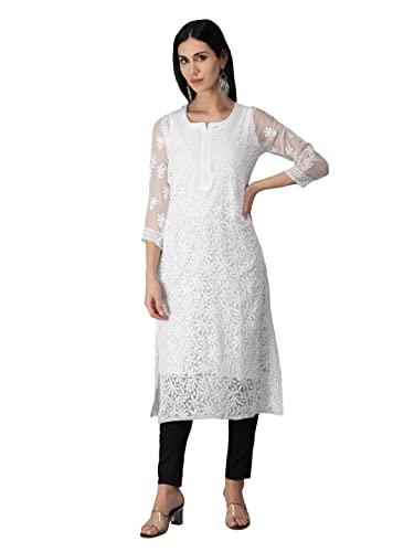Image of Seva Chikan Hand Embroidered Lucknowi Chikankari Regular Straight Georgette Kurta Kurti for Women with Cotton Inner Slip SCL4254