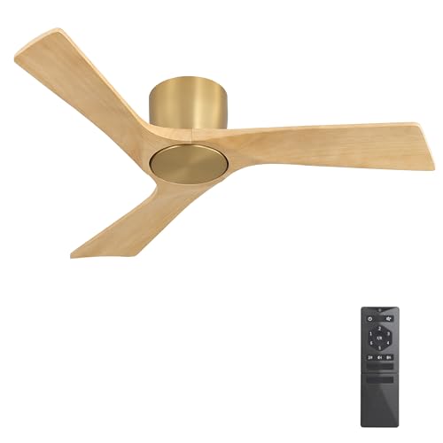 WINGBO 42 Inch Ceiling Fan without Light, 6 Speed Remote Control, Low Profile Flush Mount Modern Ceiling Fan No Light, Quiet Reversible DC Motor, Wood Blades, Gold/Light Oak, for Bedroom, Kitchen by WINGBO - Used condition - US$146.76