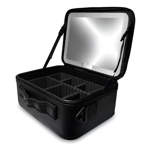 Maleta de Maquiagem com Espelho LED, 7 Compartimentos, 28 x 22,5 x 11,5 cm, Preta