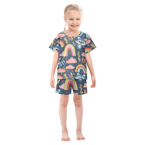ALAZA Raccoon Rainbow Cloud Pajamas Short Sleeve 2 Piece Sleepwear Top and Bottom Pajama Set Unisex3