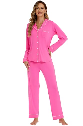 Image of LUBOT Womens Bamboo Viscose Pajamas for Women 2 Piece PJ Set Ultra Buttery Soft Cooling Button Long Sleeve Sleepwear S-XXL