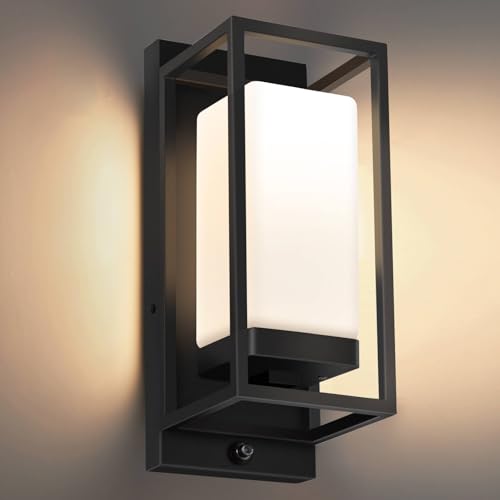Image of SHIMR Outdoor Wall Light with Dusk to Dawn Sensor, Black Outdoor Light Fixture with LED Bulb Included, E26 Base, Waterproof Exterior Sconce for Porch Garage Front Door