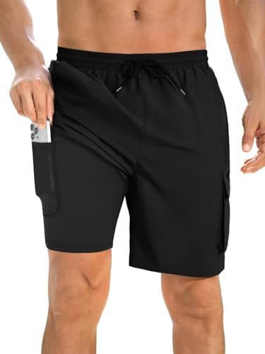 INCERUN Men's Swim Trunks with Compression Liner 2 in 1 Board Shorts Quick Dry Bathing Suit Swimsuit Swimming Trunks for Men Long Swim Shorts with Pockets Black X-Large