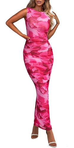 BTFBM Women Bodycon Maxi Dresses 2025 Summer Sleeveless Floral Ruched Slit Mesh Party Cocktail Wedding Guest Tank Dress