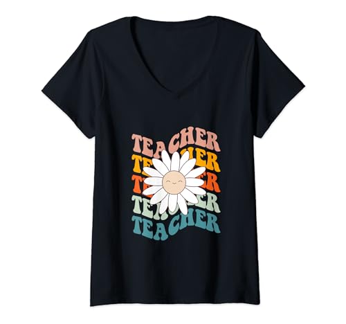 Escuela Groovy Teacher, retro, cara sonriente, margarita, amante de las flores Camiseta Cuello V