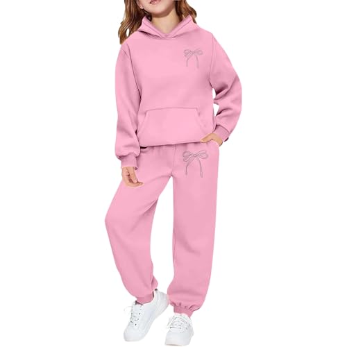 2 Piece Lounge Set For Girls Casual Y2K Bow Printed Lightweight Sweatsuit Fashion Comfort Drop Shoulder Tracksuit Pink,4-5 Years