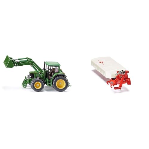 Siku 3652, John Deere Traktor mit Frontlader, 1:32, Metall/Kunststoff & 2456, Kuhn Heckmähwerk, 1:32, Metall/Kunststoff, Weiß/Rot, Kompatibel Standard-Heckkupplung