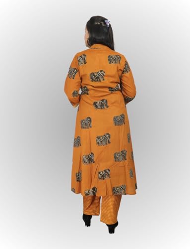 Image of Vedickulture Traditional Elephant Print Angrakha Kurta Set with Pants, Mustard Orange, Cotton, 3 /4 Sleeve