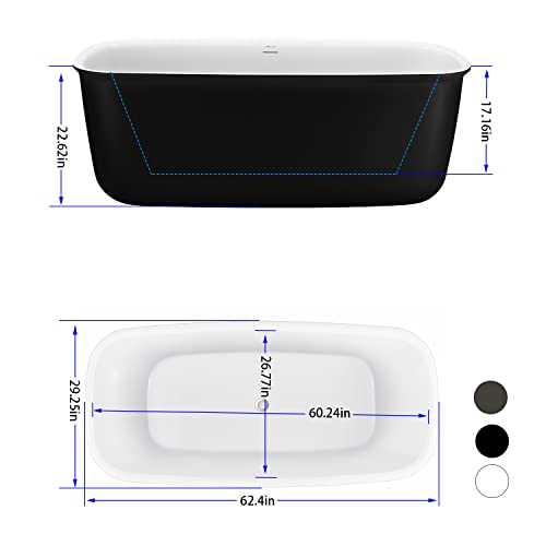 Image of 59 inch Lucite Acrylic Freestanding Bathtub, Rectangular Shape Contemporary Soaking Tub with Toe-tap Chrome Center Drain, Slotted Overflow, cUPC Certified, Matte Black