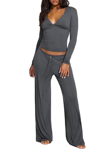 Image of Anuedgis Women's Stretchy Ribbed Co-Ord Set | Slim Fit Long Sleeve V-Neck Top & Wide Leg Trousers | Comfy Tracksuit for Lounge Yoga Gym (A-Grey, M)