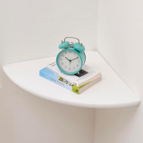 Image of Corner Shelf, Solid Oak Wood Floating Corner Shelf Wall Mount Round End Floating Speaker with Wire Hole for Small Plant Photo for Bedroom Kitchen, Living Room White