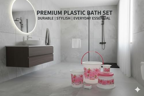 Image of MODWARE Floral Bathroom Set, 5 Pieces, Polypropylene, 20 L Bucket with Mug, Soap Case, Open Dustbin, Stool (Pink)