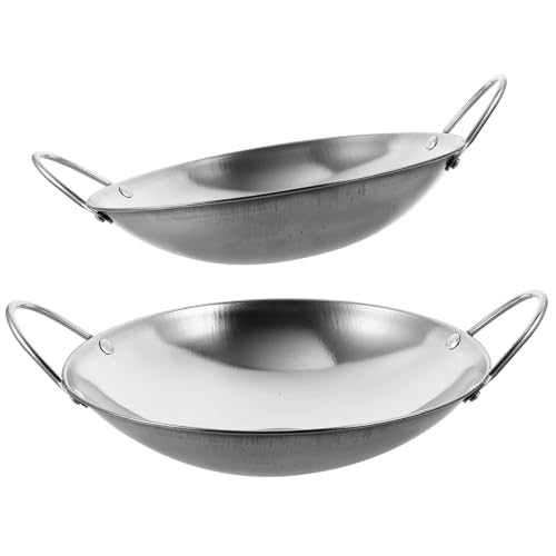 Toyvian 2pcs Thickened Stainless Steel Cooking Wok Set 8-inch 21cm 9-inch 23cm Small Deep Fry Pan for Home and Commercial Use