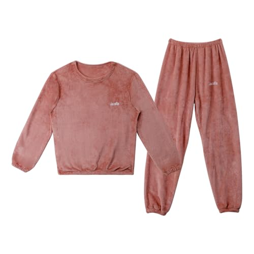 LACOFIA Kinder Mädchen Winter Schlafanzüge Warme Polar Fleece Pyjama Set Langarm Hausanzug Nachtwäsche Pjs Mit Lange Oberteile Und Hosen Dunkel Rot 9-10 Jahre/140
