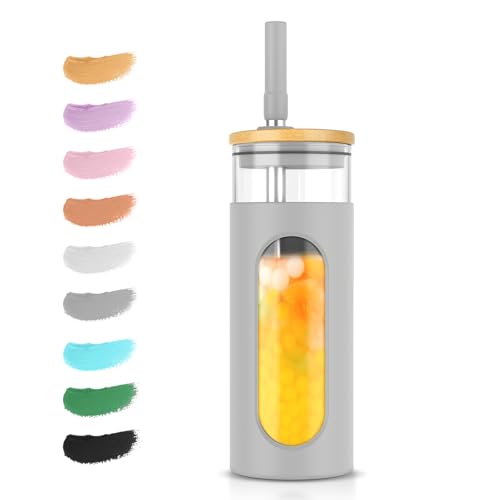Tronco 20 oz Glass Tumbler with Lid & Straw, Reusable Iced Coffee Cups and Smoothie Cup with Bamboo Lid for Boba Tea, Coffee, Juice, BPA-Free Borosilicate Glass Cup for Home, Office & Gifts