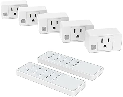 Gmornxen Wireless Remote Control Outlet Switch, Remote Plug Sockets 230ft RF Range, Remote Light Switch Kit for Household Appliances, 5 Outlets + 2 Remotes, 1800W, White