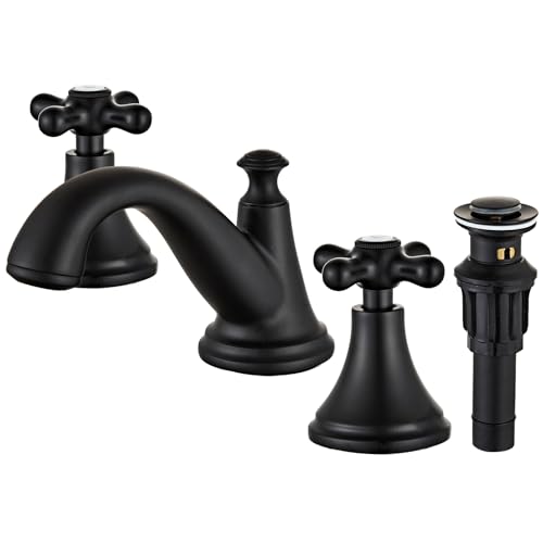 Vintage Widespread Bathroom Faucet, 3-Hole Sink Faucet with Drain Assembly, Solid Brass, Drip-Free Ceramic Cartridge, Adjustable 8-16 Inch Installation Matt Black