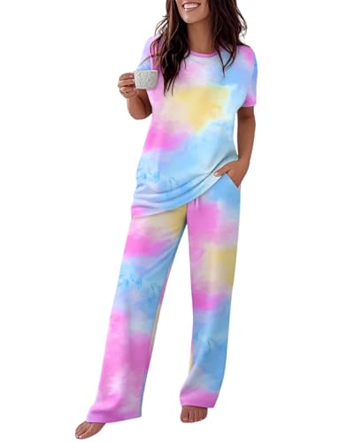 Image of CHICME Womens Pajamas Sets 2 Piece Short Sleeve Lounge Set Printed Loose Pants Pj Sets Loungewear Set