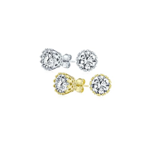 Puces d'oreilles en argent sterling plaqué or et zircon 6mm avec panier couronne de luxe