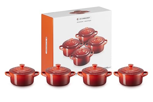 Le Creuset Stoneware Set of 4 Mini Cocottes with Cookbook, 8 oz. each, Cerise by Le Creuset - Used condition - US$77.69