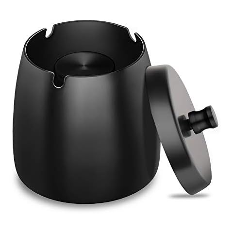 GothicBride Aschenbecher Edelstahl mit Deckel Schwerer Aschenbecher Sturm-Wind Rutschfestem Basis für Draußen und Innen Silber für Zigaretten-Reste und Asche in Garten Bar Büro (Schwarz) Cover